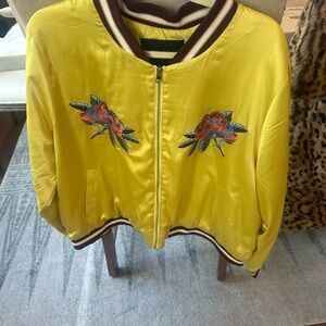 Forever 21 Yellow Bomber Jacket with Floral Embroidery
